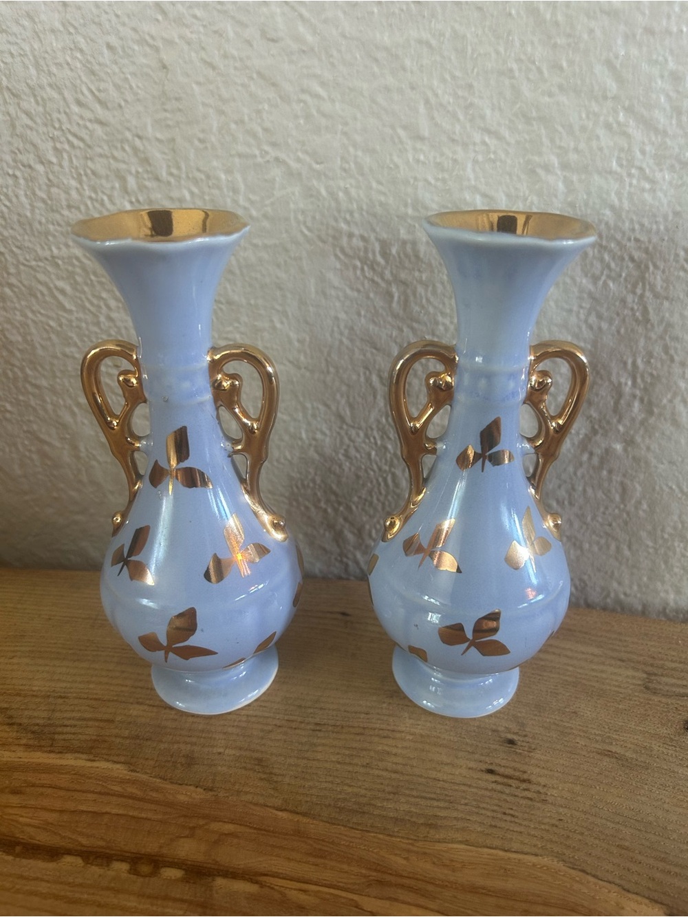 Vintage Le Pere Pottery Z-84 Periwinkle Blue Gold Bud Vases Pair 6” Mid Century